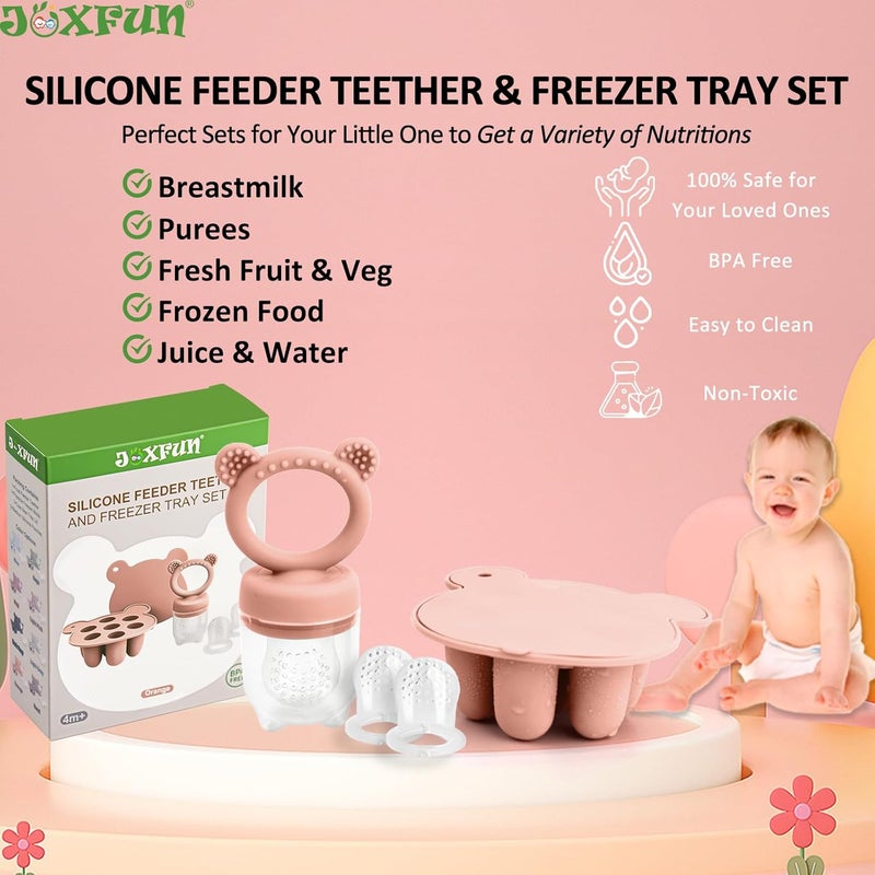 JEXFUN Baby Breastmilk Popsicle Molds & Baby Fruit Food Feeder Pacifier Combo, BPA Free Silicone Nibble Freezer Tray Storage Containers Teething Toys for Safe Infant Self Feeding, 4 Month+(Orange) - Image 2